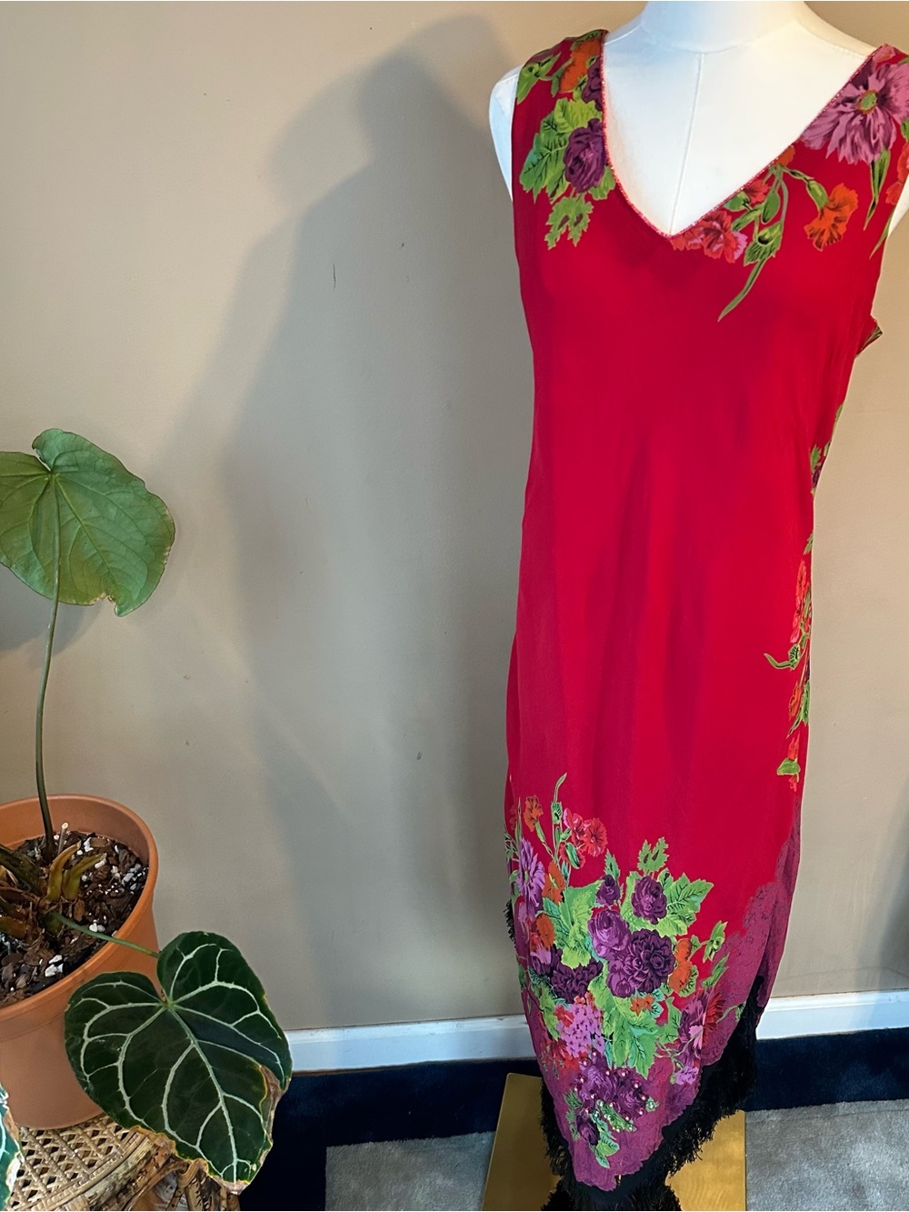 Vintage Samantha O Red Floral Beaded Fringe maxi Dress